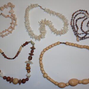 Vintage Necklace Lot - Seashell Pukka Shell Wood 5 Pc Hawaiian Beach Tribal Boho
